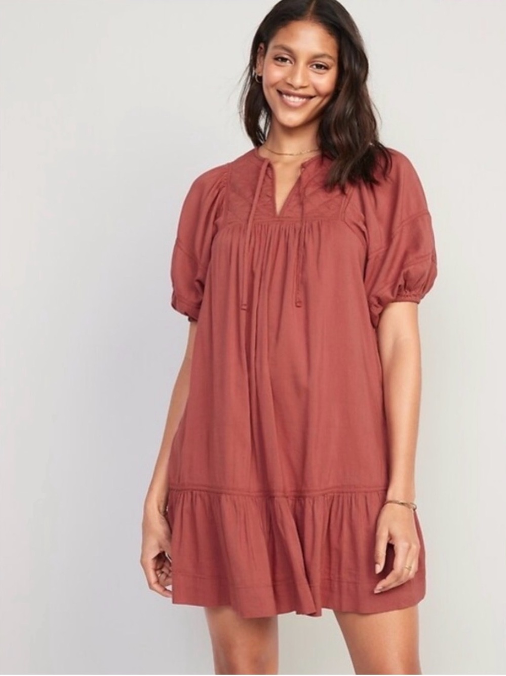 Relaxed Short Sleeve Tiered Dress - Rust